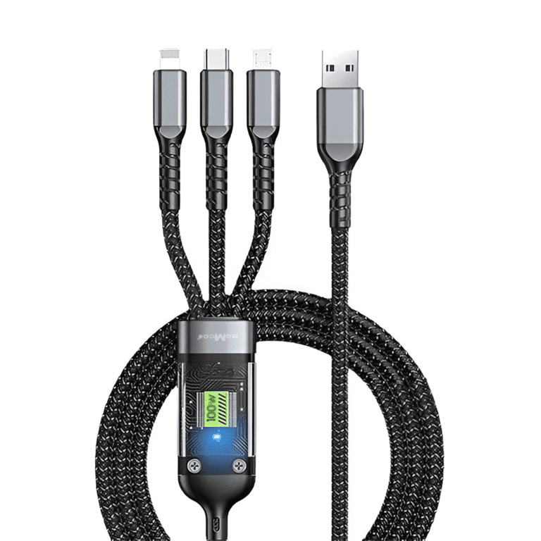 Charge all your devices at lightning speed with the Super Fast 100W 3 in 1 Charging Cable. Features USB-C, Lightning & Micro USB with LED indicator for easy use.