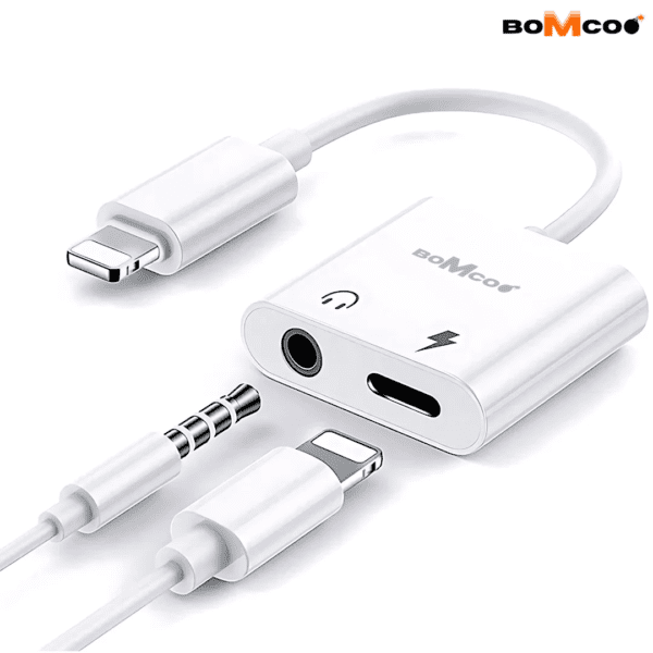 This sleek 2 in 1 iPhone Charging adapter features a Lightning connector on one end and dual ports—a 3.5mm audio jack and another Lightning—on the other, offering versatile connectivity.